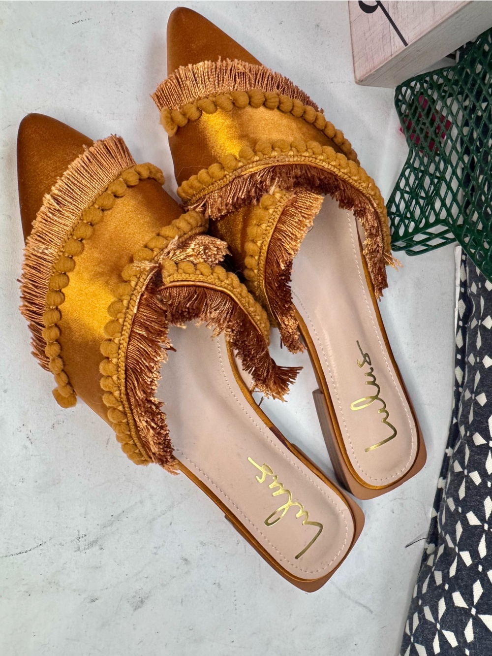 Fringe satin slip on mules LULUS new size 6.5